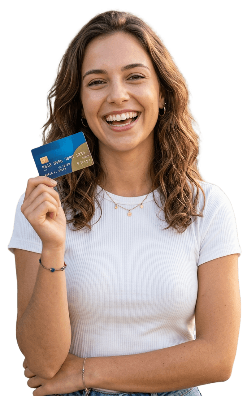 Mulher sorrindo com cartão de crédito