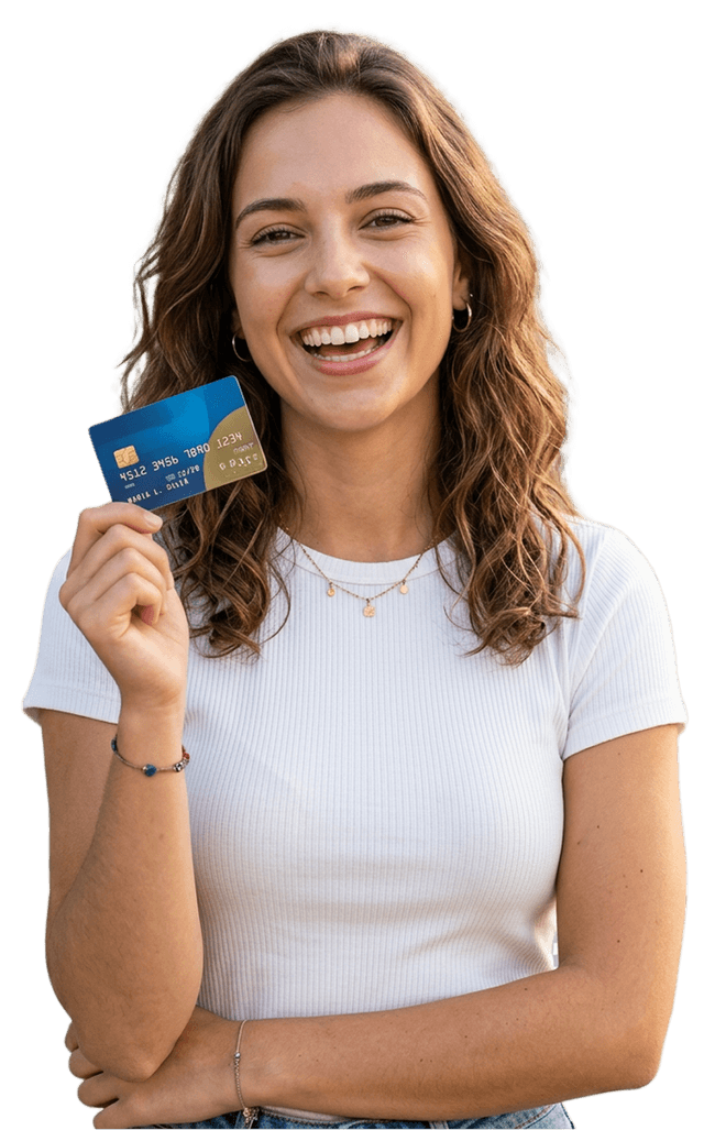Mulher sorrindo com cartão de crédito